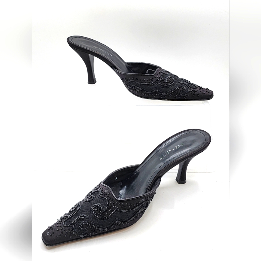 Nine West Black Beaded Mules 8.5